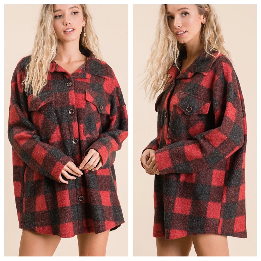 It’s All About The Buffalo Red Plaid Shacket Check Print Shirt Top Jacket - Picture 5 of 7